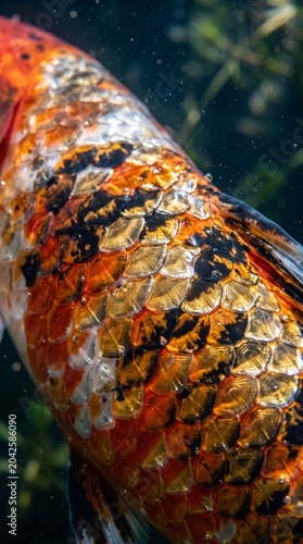 Macro Close-Up of Colorful Koi Fish Scales with Orange Black and Gold Pattern Underwater