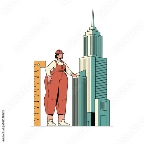 Bild auf Leinwand Giant Woman Architect with Ruler and Skyscraper