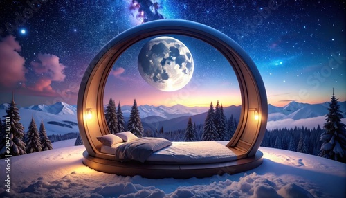 Moonlit winter wonderland scene with bed.