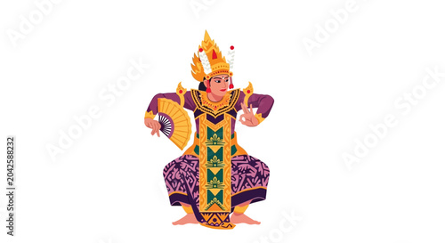 Cuadro en lienzo Balinese Dancer in Traditional Costume with Fan, Isolated on White