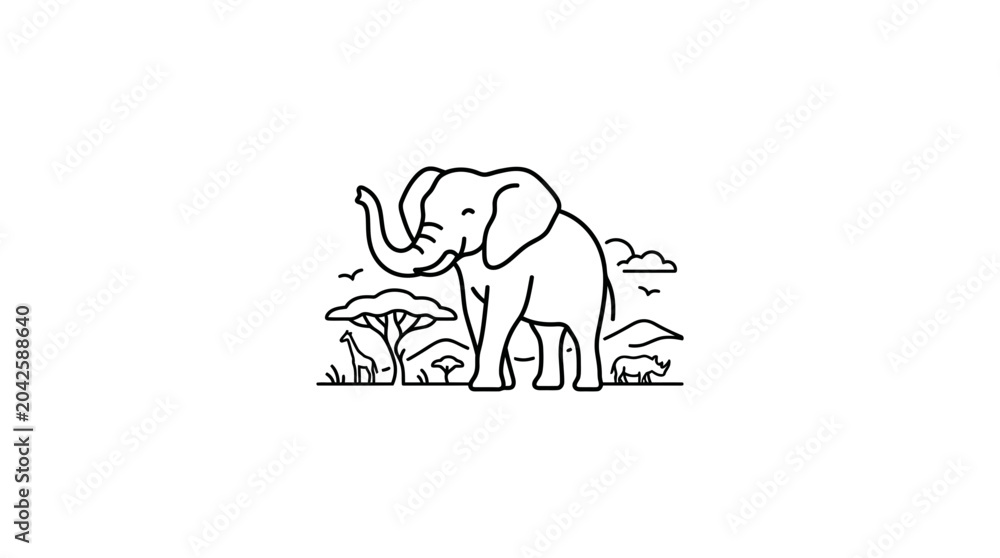 Fototapeta premium African Safari Line Art: Elephant, Giraffe, Rhino, Savannah Landscape