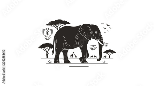 Photography African Elephant Silhouette with Safari Animals and Conservation Symbols