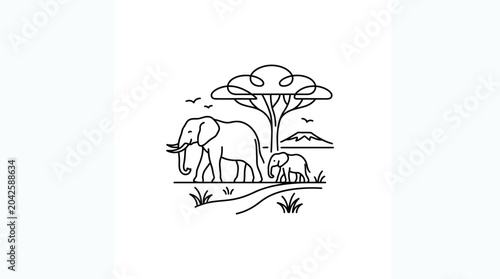 Photography African Safari Landscape with Elephants and Acacia Tree - Minimalist Line Art