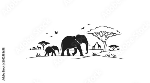 Photography African Savanna Landscape Silhouette with Elephants, Giraffes and Antelopes
