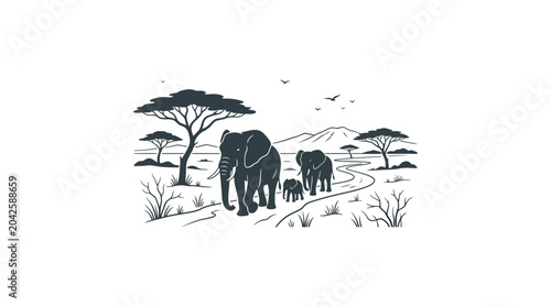 Obraz na płótnie African Savannah Elephant Herd Walking on Dusty Path with Acacia Trees and Mount