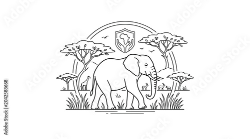 Canvas Print African Wildlife Silhouette: Elephant, Giraffe, Antelope in Savanna Landscape