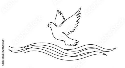 Cuadro en lienzo Dove flying over wavy water line art