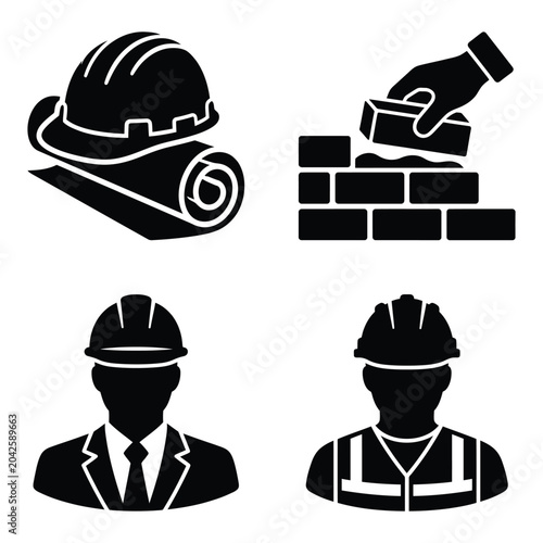 Photography Set of construction worker and building site icons with hard hat construction bl