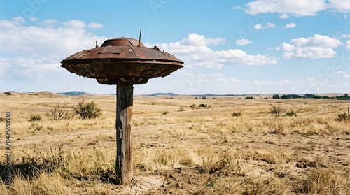 Abandoned UFO replica on a wooden post in a dry, grassy field under a blue sky.