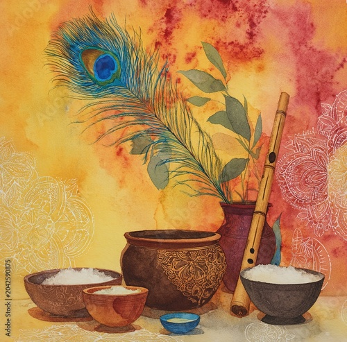Colorful Janmashtami Celebration Artwork Featuring Mandala Pattern and Sacred Symbols