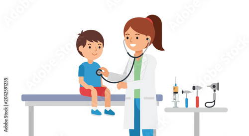 Foto A female pediatrician examines a young boy with a stethoscope in a clinic setting, surrounded by various medical instruments and equipment