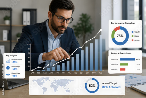 AI-created image of a professional businessman analyzing business growth, performance metrics, revenue breakdown, and annual target progress through a modern digital dashboard.