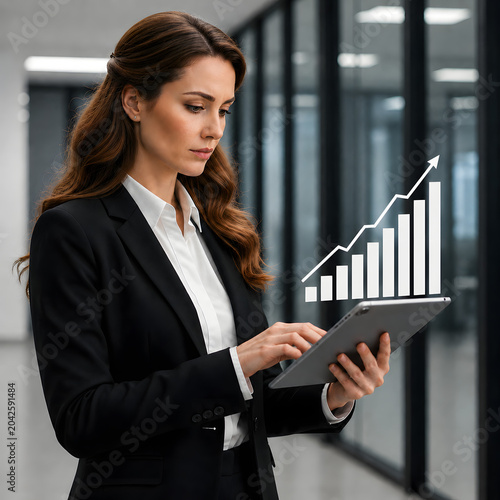 AI-created image of a professional businesswoman representing business growth, rising performance, and positive market progress.