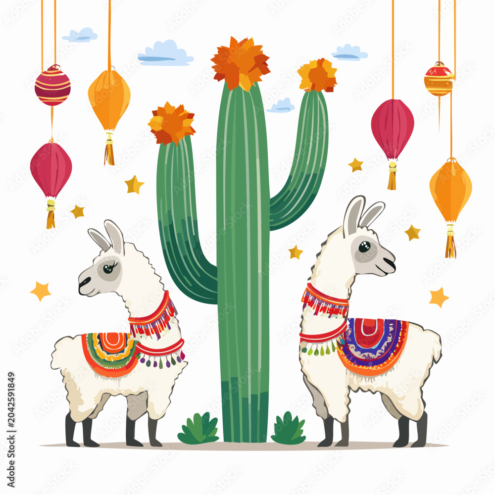 Naklejka premium Cute Llamas and Cactus with Festive Lanterns