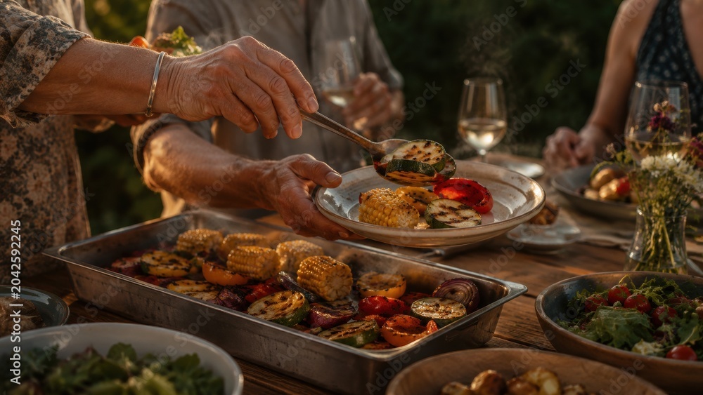 Obraz premium Gathering around a table for dinner with friends and serving grilled vegetables and corn at sunset in the garden