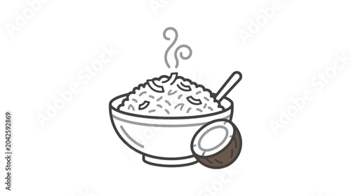 Tableau sur toile Rice bowl with halved coconut minimalist line art icon.