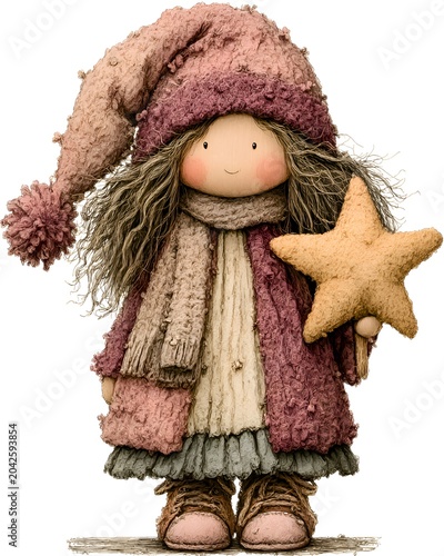Adorable handmade doll wea a knitted hat and scarf holding a star stands on a white background with a cheerful expression on her face.