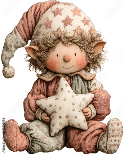 A whical star adorned elf doll sits sweetly, its charming smile and cozy attire evoking the magic and warmth of the holiday season.