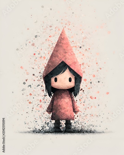 A cute cartoon girl with black hair stands wea a pointy red hat and dress with watercolor style speckles surrounding her body now alone.