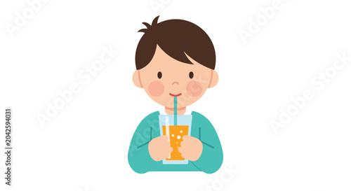 Foto Cute illustration of a boy with rosy cheeks drinking orange juice through a straw from a clear glass, which he is holding with both of his small hands