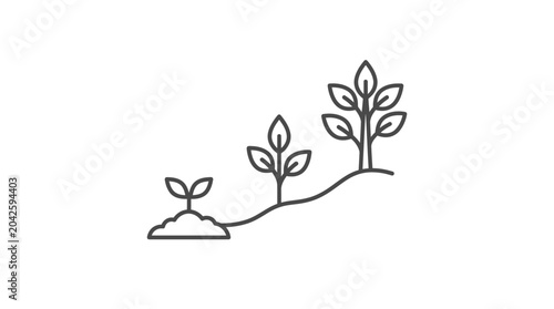 Linear icon showing sequence of small plant growth stages.