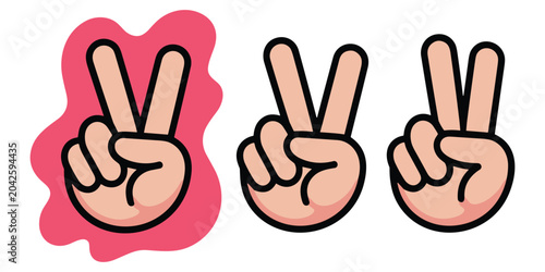 Set of three peace sign hand gestures with different styles on transparent background