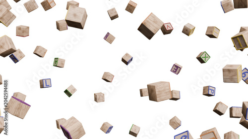 Floating Wooden Blocks with Letters on Black Background