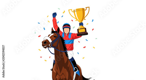 Tableau sur toile Jockey Riding Horse, Holding Trophy, Celebrating Victory with Confetti