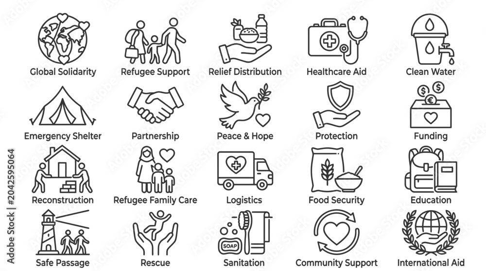 Fototapeta premium Humanitarian Aid Icons: Global Solidarity, Relief, Healthcare, Shelter, Peace & Hope
