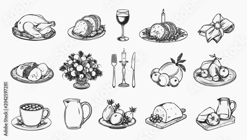 Hand Drawn Collection of Festive Food and Drink Illustrations