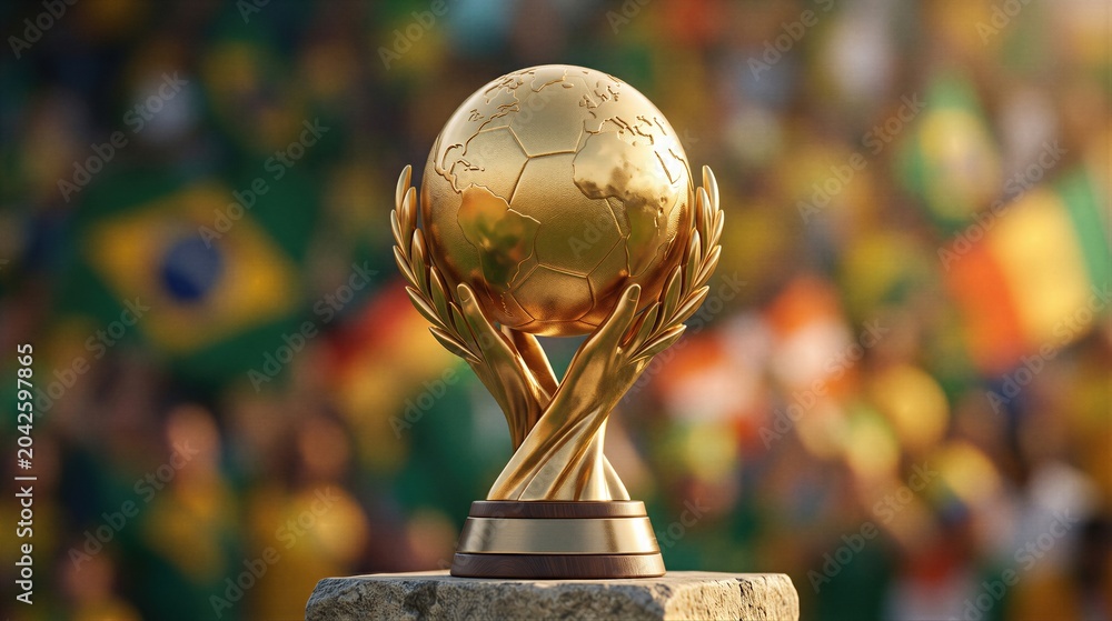 Naklejka premium Golden football world cup trophy held by human hands on stone pedestal. Soccer championship winner prize with stadium crowd in background. Sports victory and athletic achievement concept.