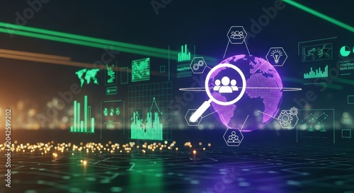 Advanced global digital human resource analytics dashboard featuring interactive holographic interface elements and sophisticated data connectivity