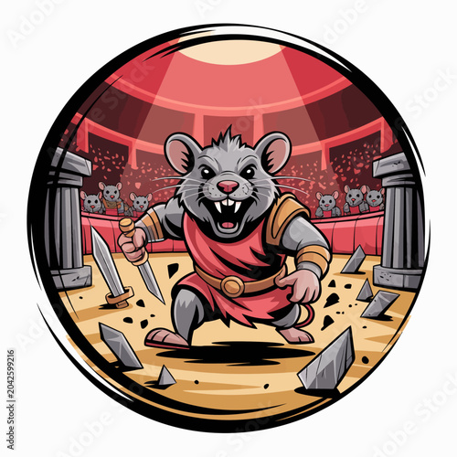 Tableau sur toile Cartoon mouse in gladiator costume fighting.
