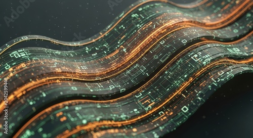 Abstract 3D Digital Wave Representation Featuring Flowing Geometric Circuits and Glowing Data Streams for Modern Tech Visualization