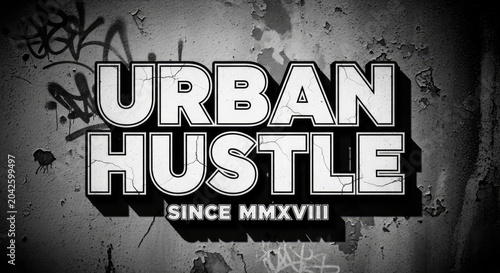Graffiti-style text on a concrete wall with urban art elements.