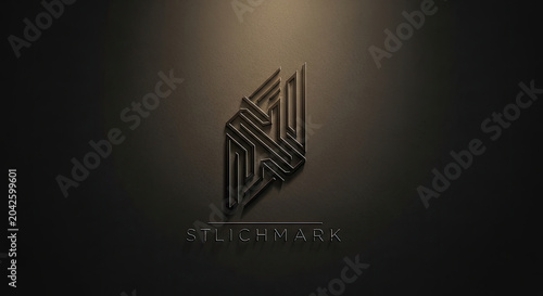 A dark background featuring a metallic geometric logo and text.
