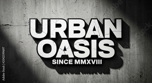 3D text reading 'URBAN OASIS' on a concrete wall with shadow.