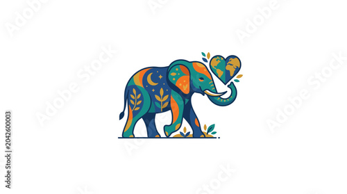 Canvastavla Colorful Elephant with Heart, Nature Motifs, Tribal Pattern, Wildlife Art