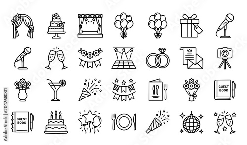 Konstfotografi Wedding celebration icons vector minimal event outline pack