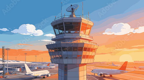 Bilde på lerret A vibrant anime-style illustration of an airport control tower at sunset, with planes on the tarmac and a warm, colorful sky