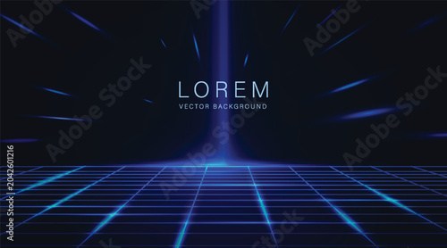 Canvastavla A glowing blue grid floor with bright light beams rising upward in a digital futuristic style on a dark background, conveying a tech and innovation concept
