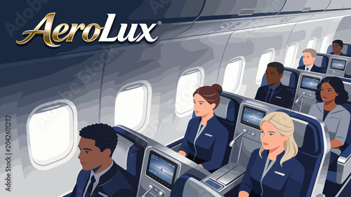 Fotografi AeroLux airline cabin showing passengers seated in a premium class section with entertainment screens and attentive flight attendants