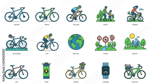 Set of flat design icons for cycling and healthy lifestyle, featuring bicycles, riders, nature, and technology elements for web and app use