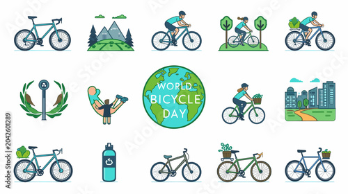 Collection of World Bicycle Day illustrations depicting various cycling scenes and symbols for eco-friendly transportation and active lifestyle promotion