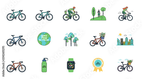 Vibrant flat design icons for eco-friendly cycling, outdoor recreation, and a sustainable lifestyle. Perfect for promoting health, environmental awareness, and active living campaigns