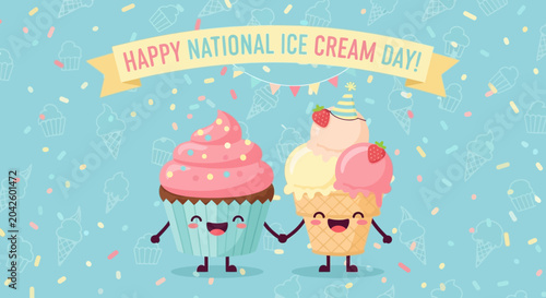 Happy National Ice Cream Day with Cute Cupcake and Ice Cream Characters