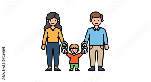 Foto Happy Family, Parents And Child, Holding Hands, Vector Illustration