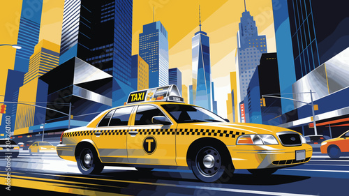 Foto A vibrant illustration of a yellow New York City taxi driving through a stylized urban landscape with towering skyscrapers