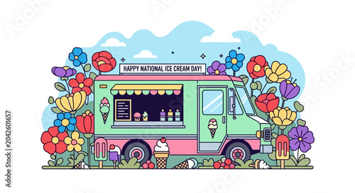 Happy National Ice Cream Day: Ice Cream Truck Surrounded by Flowers