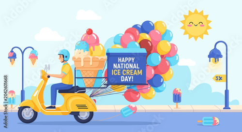 Foto Happy National Ice Cream Day Delivery Scooter with Balloons & Sundae